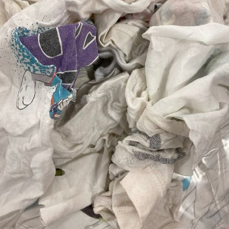 White Knit with Print T-Shirt Rags - 25 lb box - Wiping Rag World